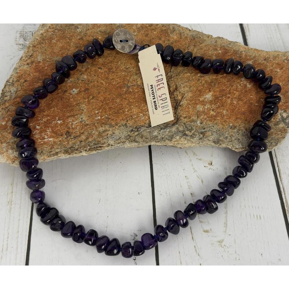 Peyote Bird Amethyst‎ Sterling Silver Leather Necklace J028